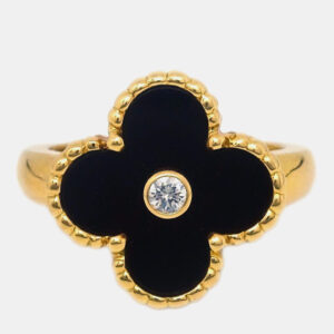 Van Cleef & Arpels Alhambra Diamond Onyx 18K Yellow Gold Ring EU 49