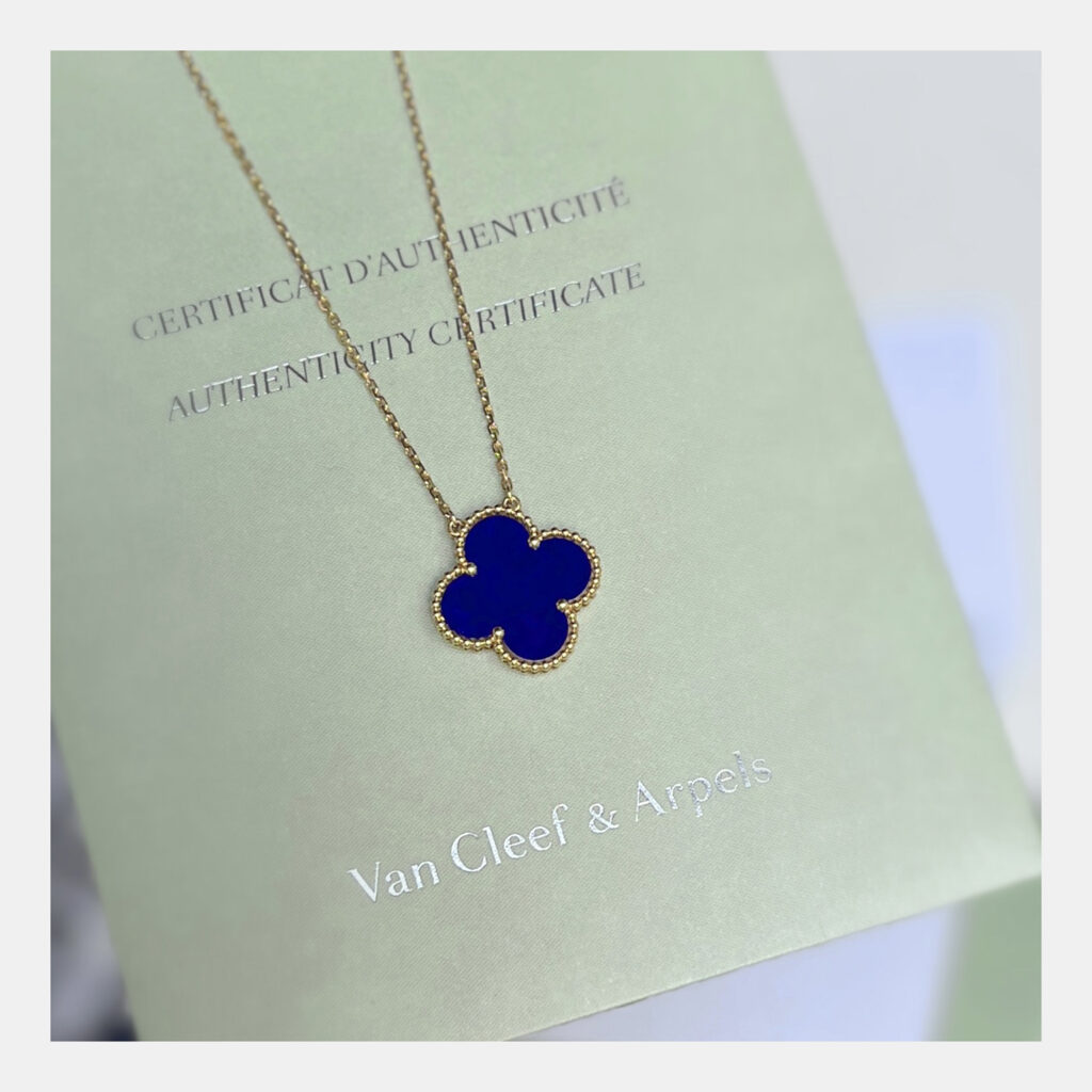 luxury-women-van-cleef-and-arpels-used-fine-jewelry-p1143597-001 Van Cleef & Arpels 18K Yellow Gold Blue Enamel Medium Vintage Alhambra Necklace