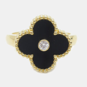 Van Cleef & Arpels Vintage Alhambra 18K Yellow Gold, Diamond, Onyx Ring EU 50.5