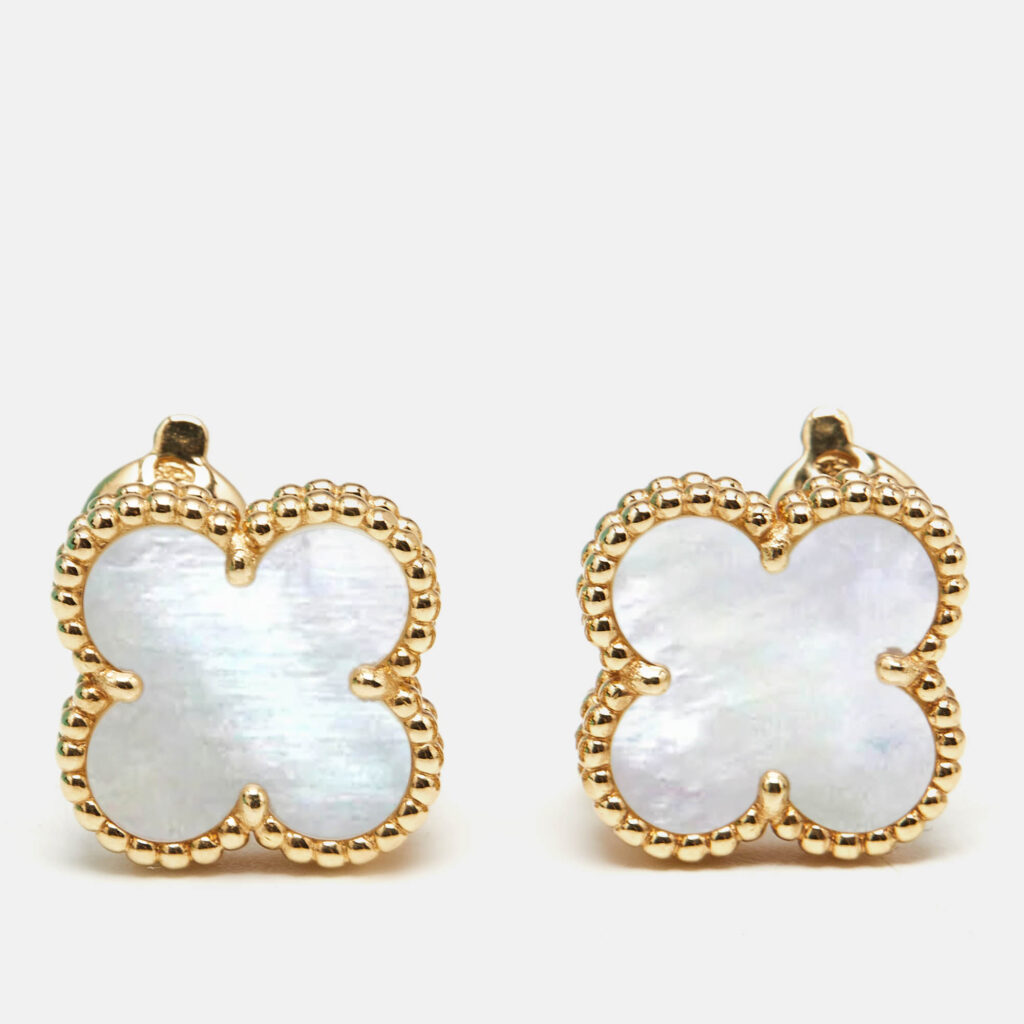 luxury-women-van-cleef-and-arpels-used-fine-jewelry-p1164508-002 Van Cleef & Arpels Vintage Alhambra Mother of Pearl 18k Yellow Gold Earrings