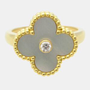 Van Cleef & Arpels Vintage Alhambra Yellow Gold, Diamond, Mother of Pearl Ring EU 54