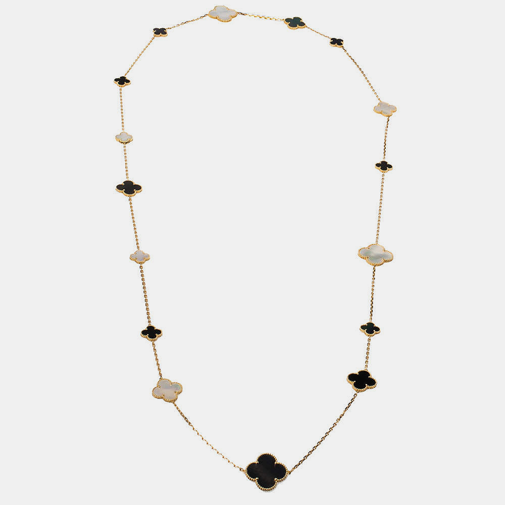 luxury-women-van-cleef-and-arpels-used-fine-jewelry-p759523-004 Van Cleef & Arpels Magic Alhambra Mother of Pearl 18k Yellow Gold 16 Motif Station Onyx Necklace