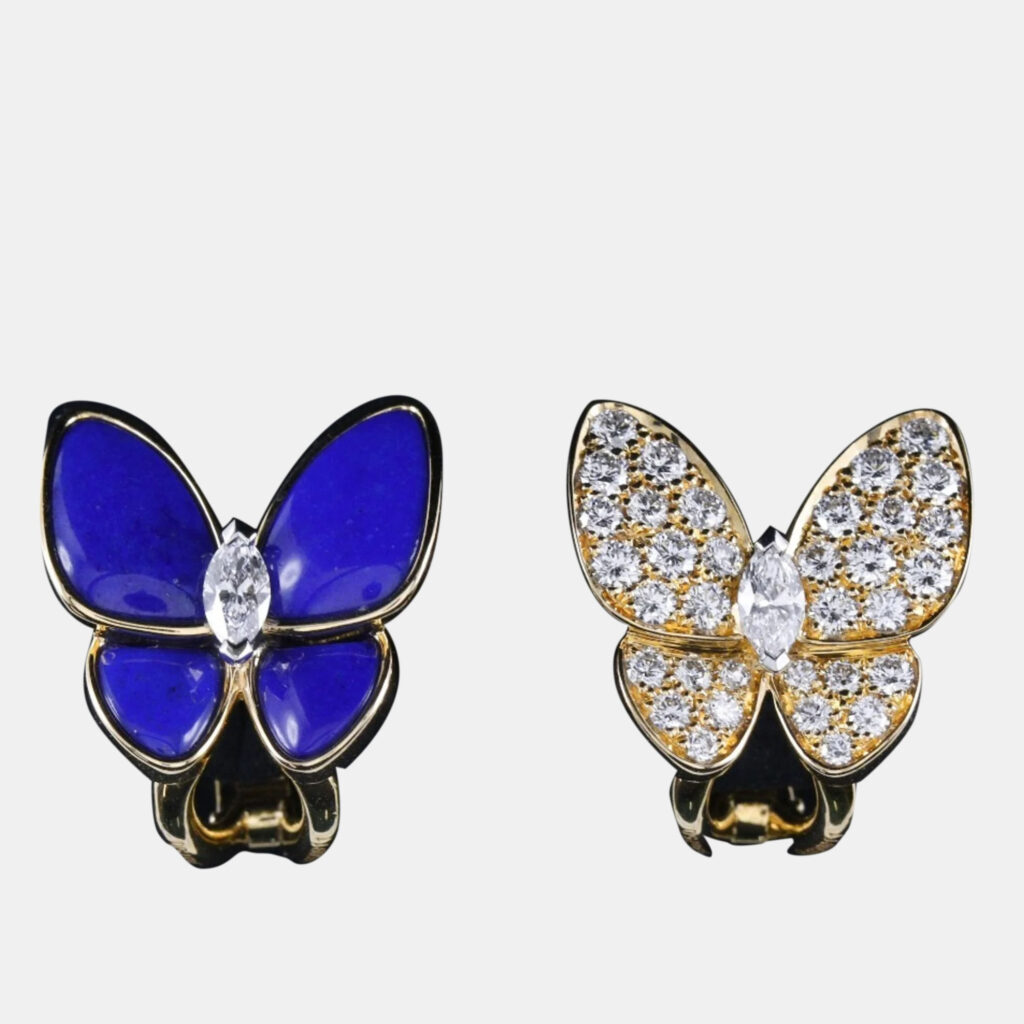 luxury-women-van-cleef-and-arpels-used-fine-jewelry-p997222-003 Van Cleef & Arpels 18K Yellow Gold, Diamond and Lapis Lazuli Two Butterfly Stud Earrings