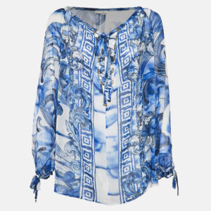 Versace Collection White/Blue Printed Chiffon Lace-Up Top M