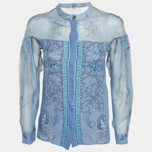 Versace Collection Blue Printed Silk Sheer Shirt S