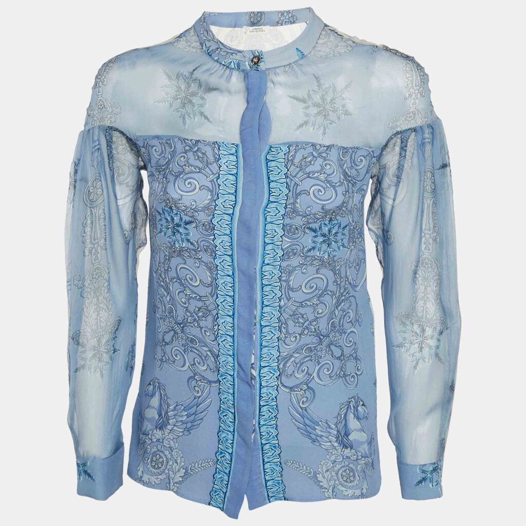 luxury-women-versace-collection-used-clothes-p1144202-002 Versace Collection Blue Printed Silk Sheer Shirt S