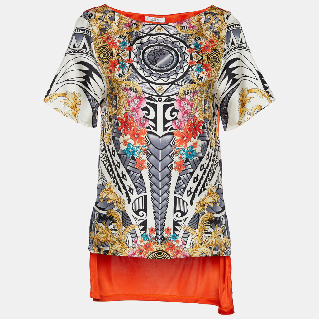 luxury-women-versace-collection-used-clothes-p724132-001 Versace Collection Multicolor Printed Silk & Jersey Hi-Low Hem Top S