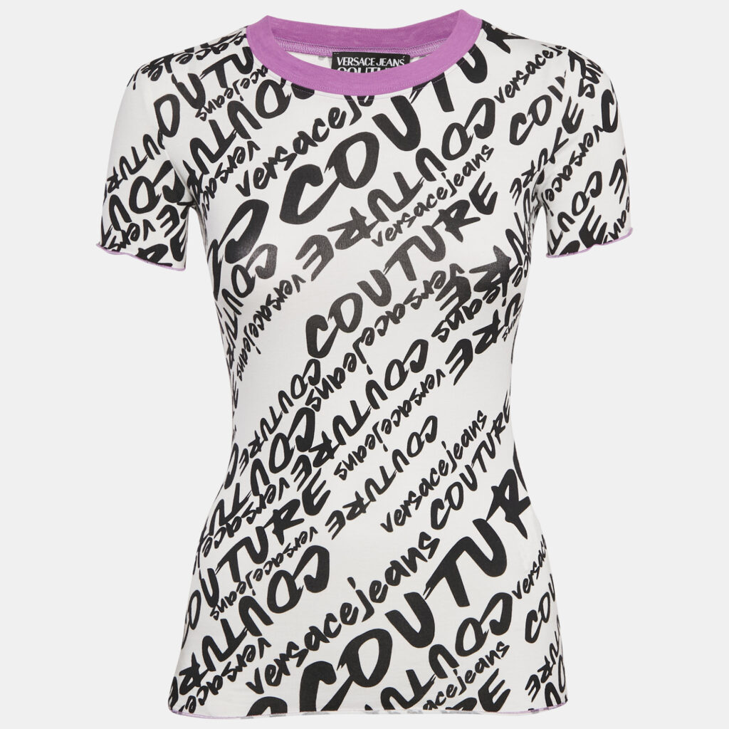 Versace Jeans Couture White Logo Brush Print Cotton Crew Neck T-Shirt XS
