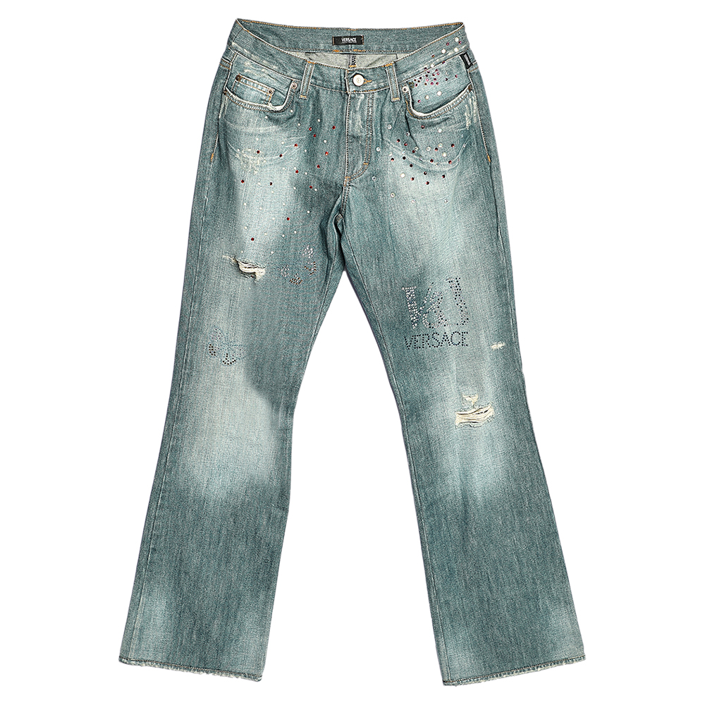 luxury-women-versace-jeans-used-clothes-p541555-005-2 Versace Jeans Couture Blue Embellished Denim Flared Leg Distressed Jeans L