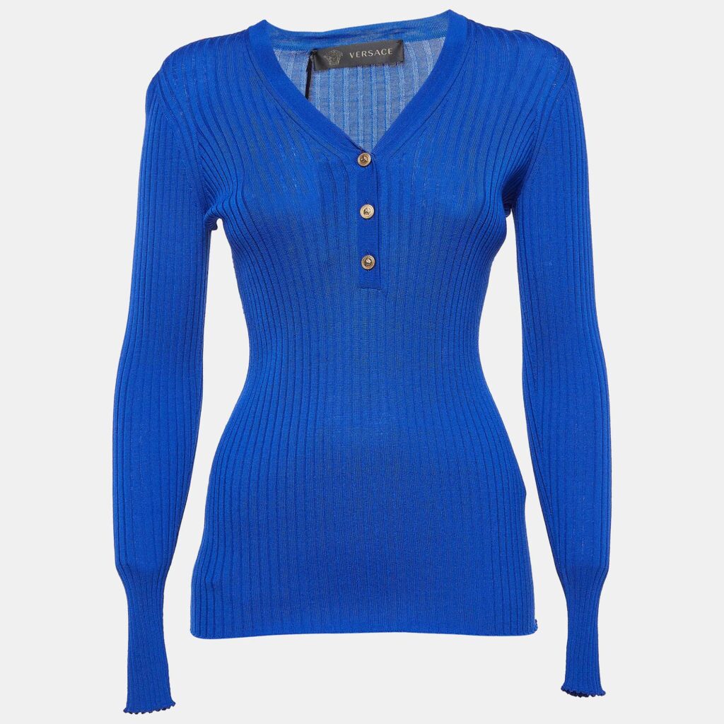 luxury-women-versace-new-clothes-p1024172-007 Versace Blue Rib Knit Wool Full Sleeves Button Detail Sweater M