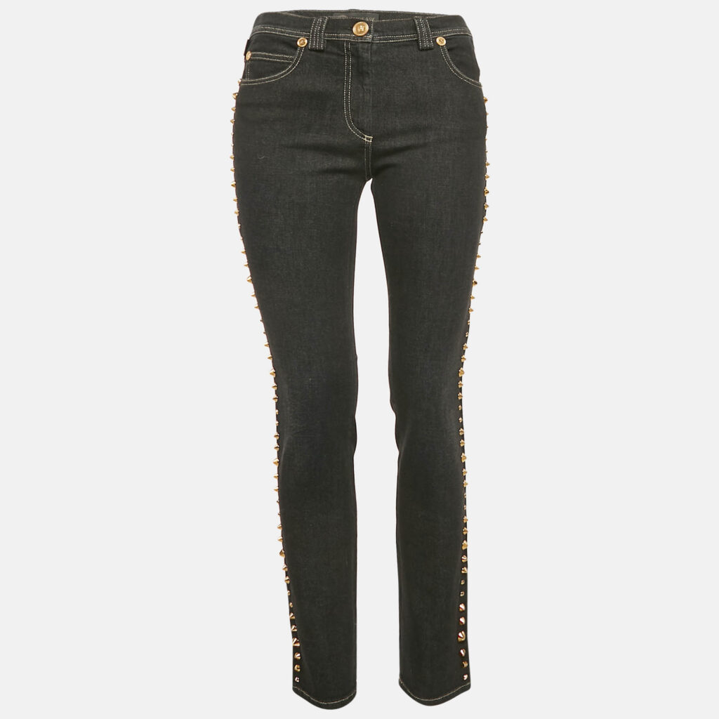 luxury-women-versace-new-clothes-p1124348-001 Versace Navy Blue Studded Denim Medusa Button Detail Jeans M Waist 28"