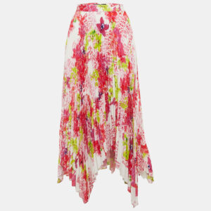Versace Multicolor Floral Print Satin Pleated Asymmetric Midi Skirt L