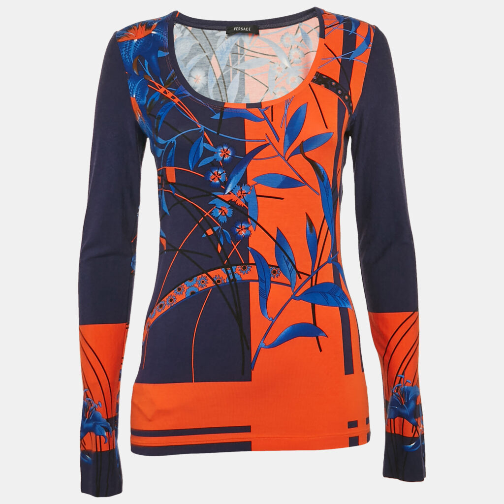 Versace Blue/Orange Printed Jersey Long Sleeve T-Shirt M
