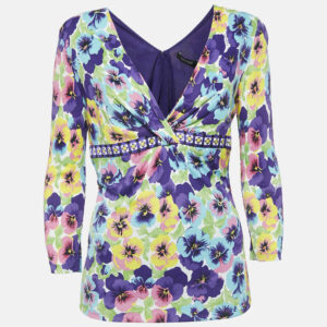Versace Multicolor Floral Jersey V-Neck Long Sleeve Top L
