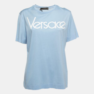 Versace Light Blue Cotton Logo Embroidered Tribute T-Shirt M