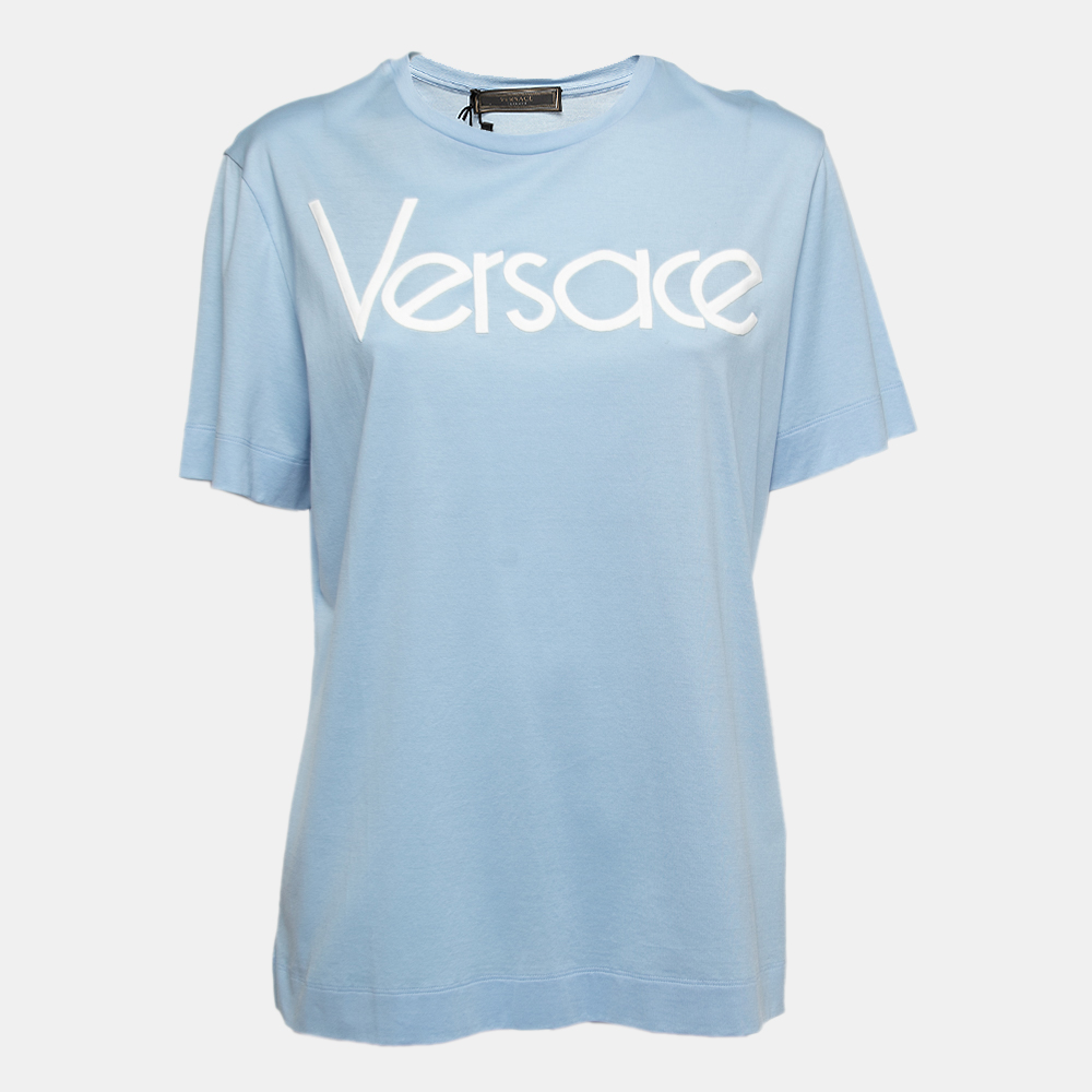 luxury-women-versace-new-clothes-p757727-001 Versace Light Blue Cotton Logo Embroidered Tribute T-Shirt M