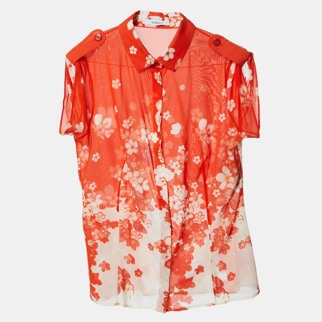 luxury-women-versace-new-clothes-p992885-002 Versace Orange Floral Print Silk Crepe Button Front Blouse M