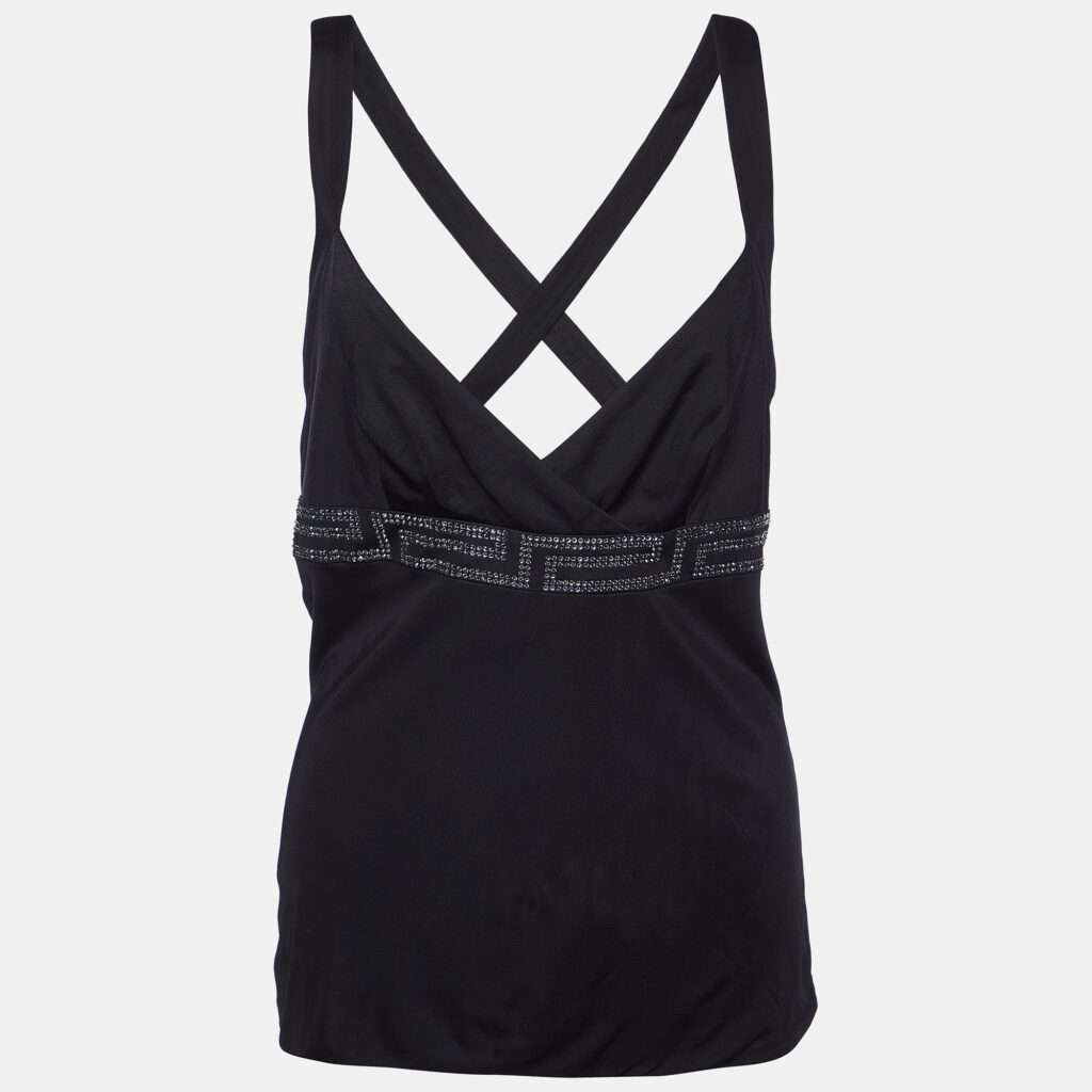 luxury-women-versace-new-clothes-p992902-001 Versace Black Jersey Crystal Greca Embellished Tank Top M