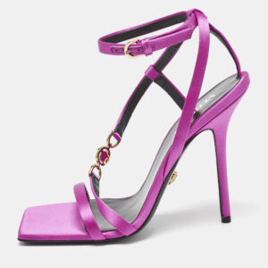 versace pink satin crystal embellished ankle strap sandals size 39