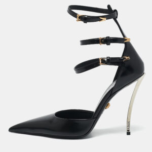 versace black brushed leather pin-point ankle strap pumps size 39