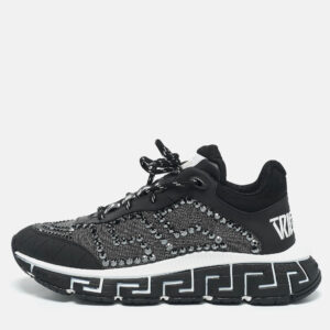 Versace Black/Grey Leather and Lurex Fabric Trigreca Sneakers Size 40