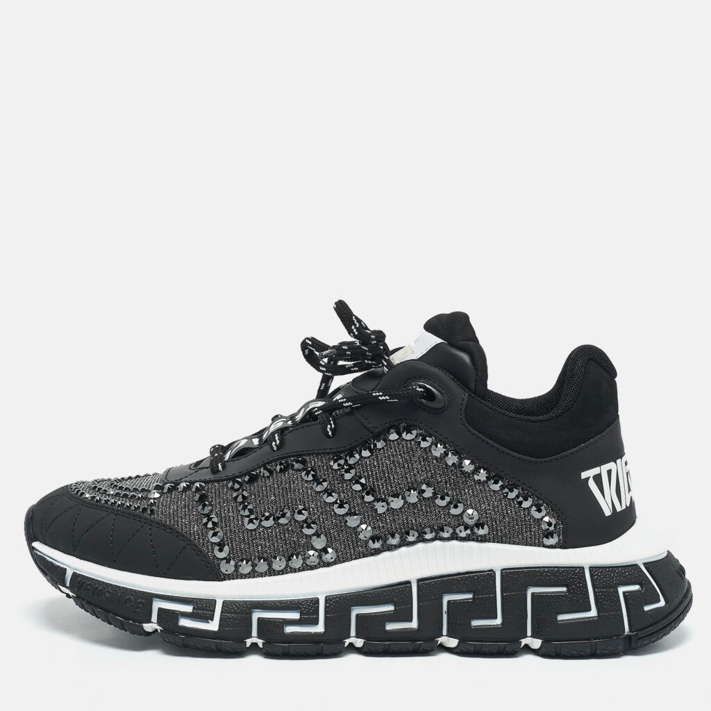 luxury-women-versace-new-shoes-p1130032-010 Versace Black/Grey Leather and Lurex Fabric Trigreca Sneakers Size 40