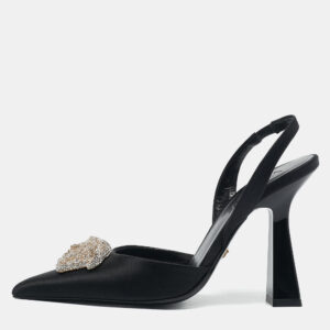 Versace Black Satin Crystal Embellished La Medusa Slingback Pumps Size 35.5