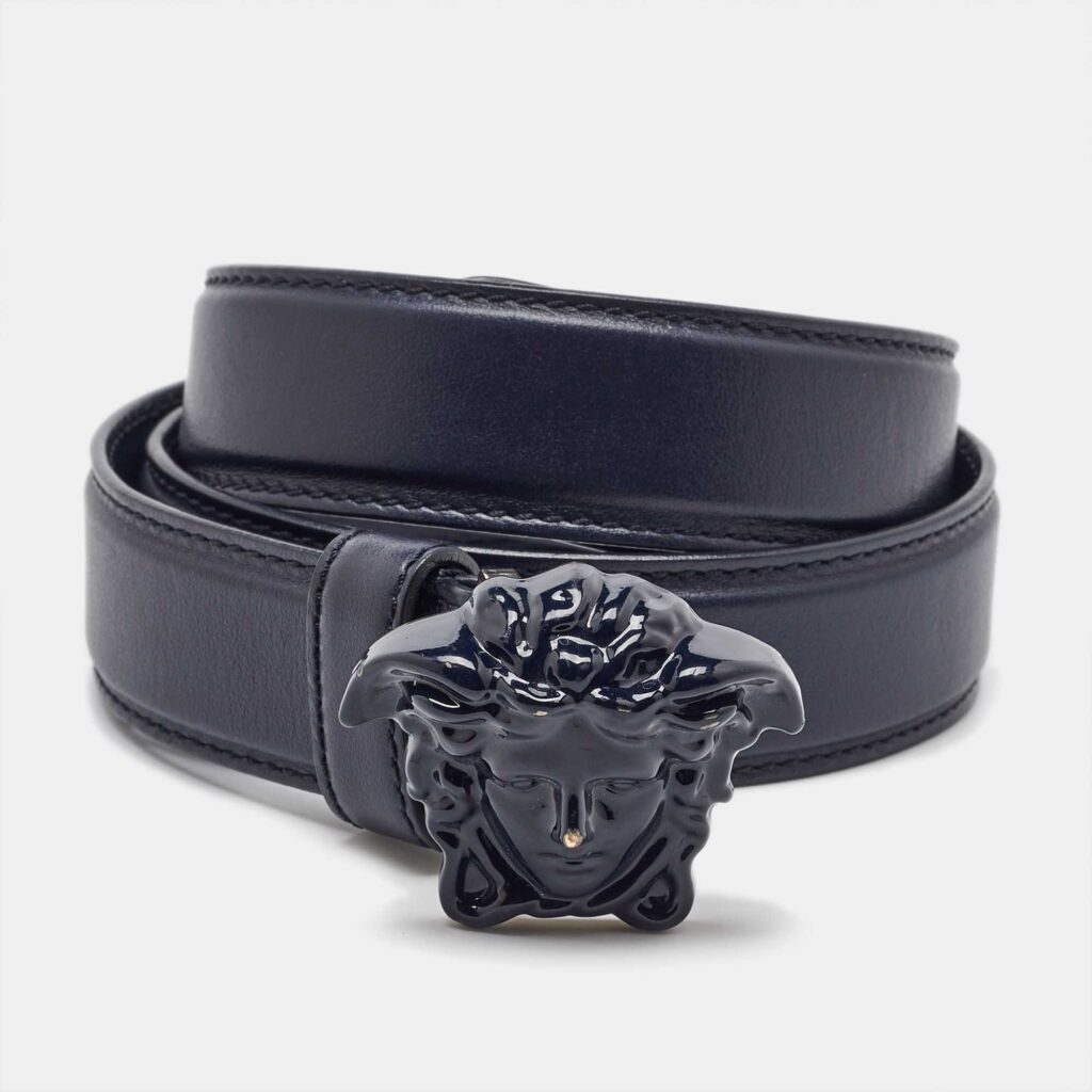 luxury-women-versace-used-accessories-p1106824-004 Versace Navy Blue Leather Medusa Buckle Belt 80CM