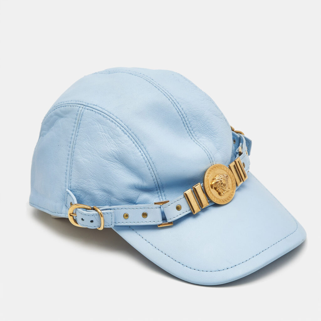 luxury-women-versace-used-accessories-p1158622-002 Versace Tribute Blue Leather Medusa Medalion Baseball Cap Size 57