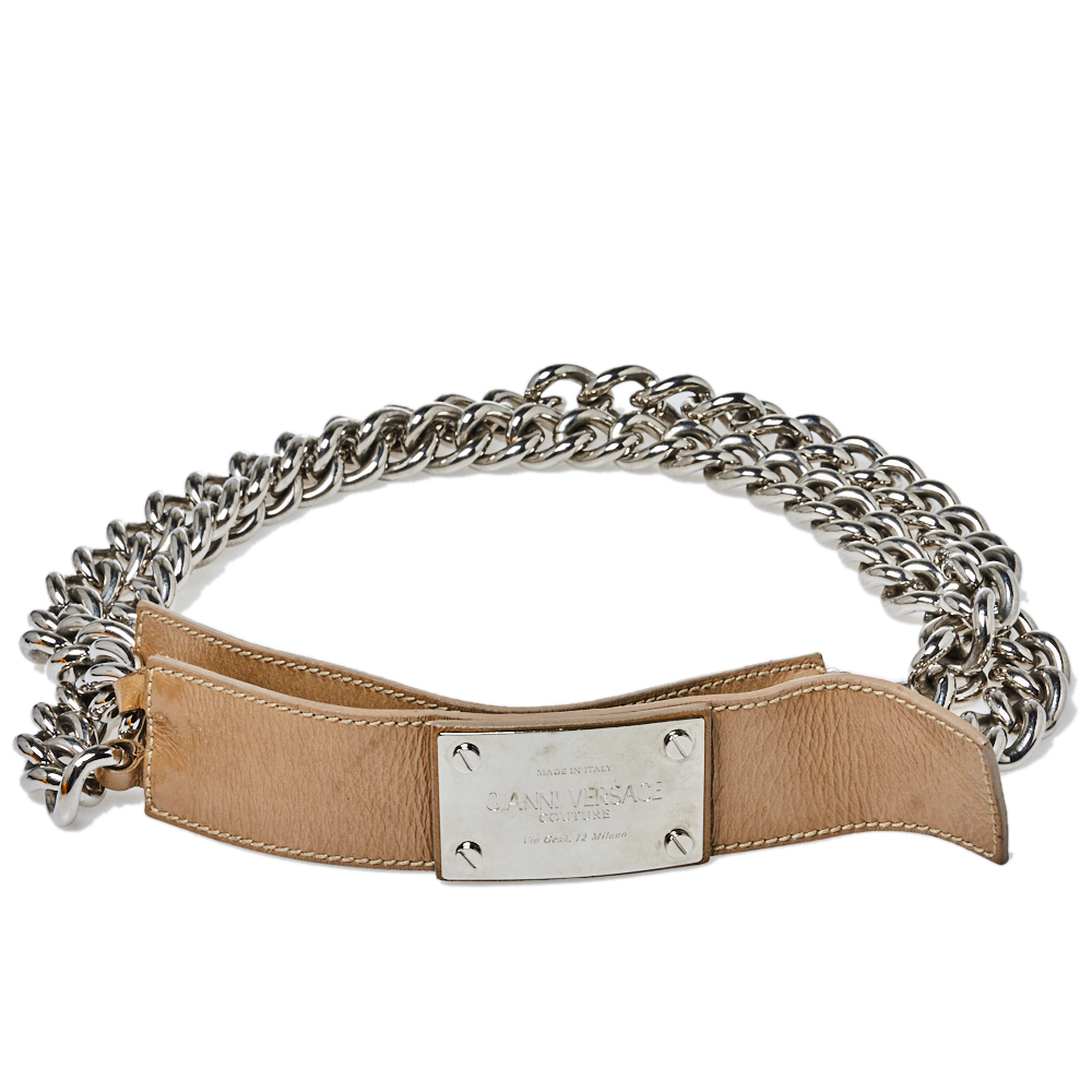 luxury-women-versace-used-accessories-p384200-001 Versace Beige Patent Leather and Chain Logo Plaque Belt 85CM