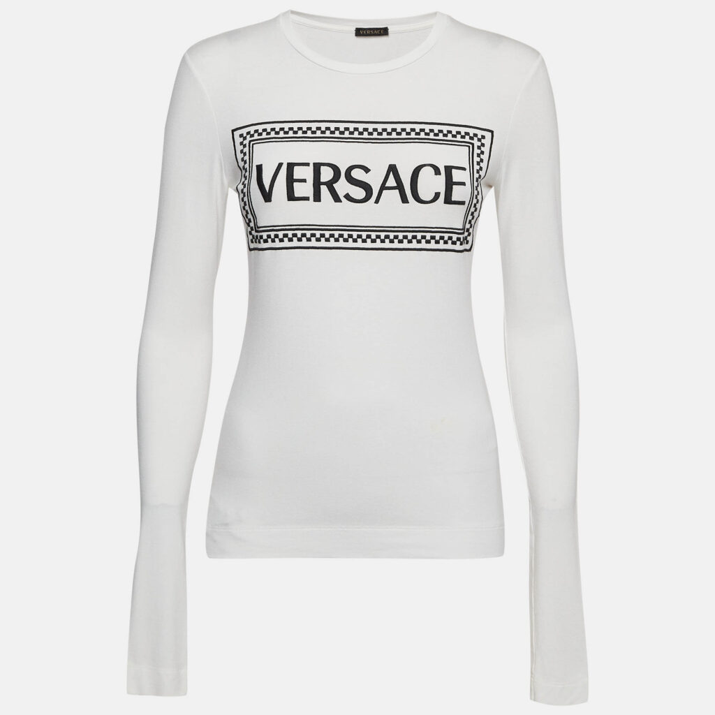 Versace White Logo Print Jersey Long Sleeve T-Shirt M