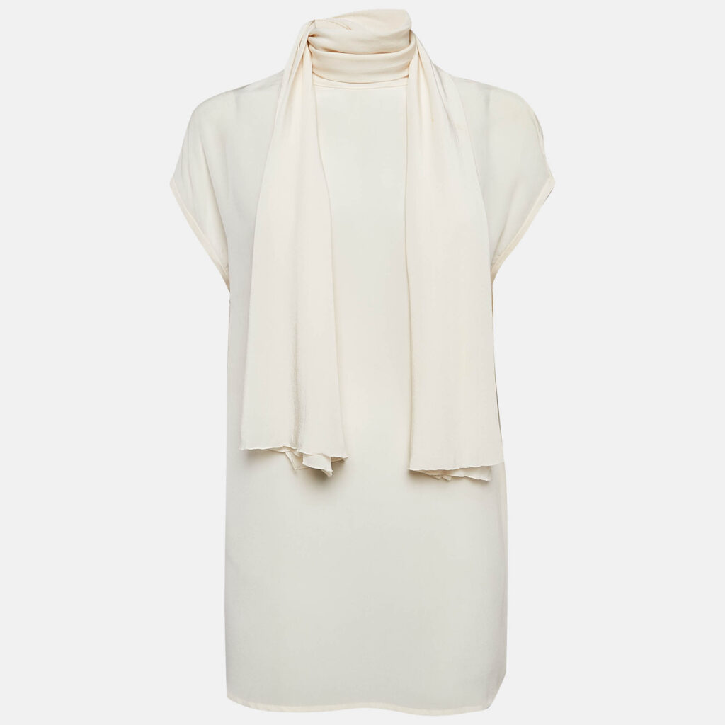 Versace Cream Silk Tie-Up Neck Sleeveless Blouse M