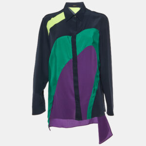 Versace Navy Blue Color Block Silk Asymmetric Shirt L