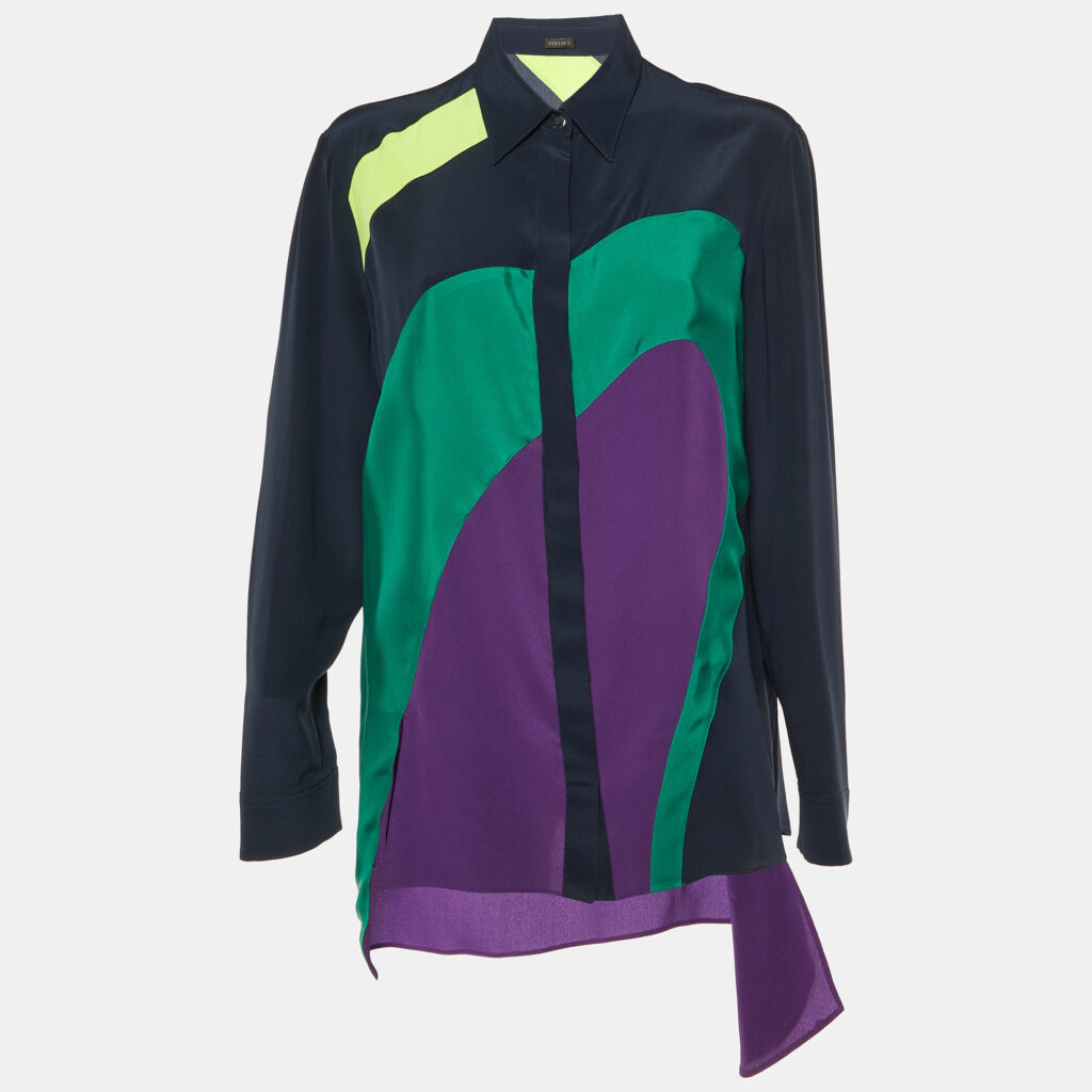 Versace Navy Blue Color Block Silk Asymmetric Shirt L