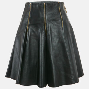 Versace Black Leather Zipper Detail Flared Mini Skirt M