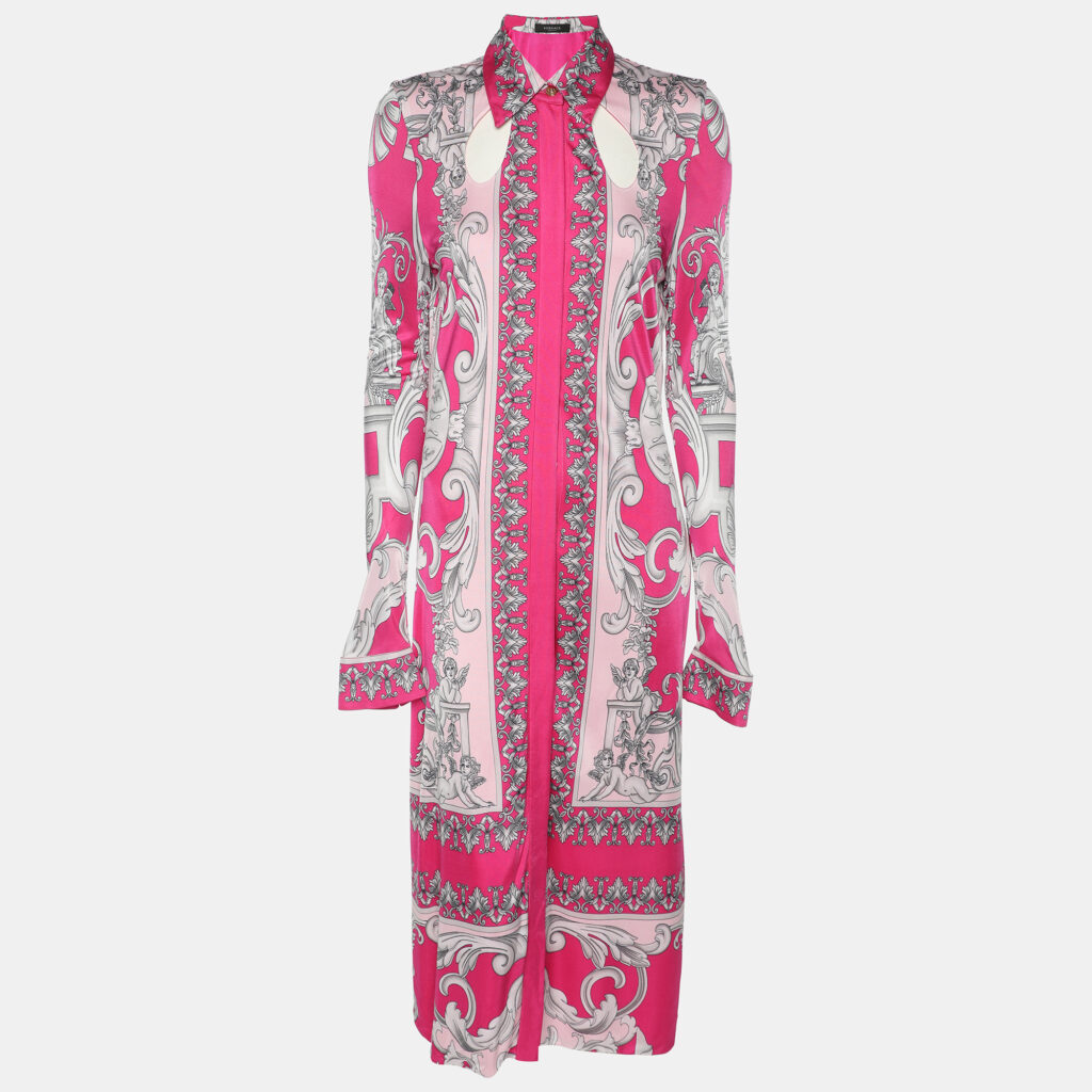 luxury-women-versace-used-clothes-p1146428-002.jpg Versace Pink/Silver Satin Baroque Cutout Midi Shirt Dress S