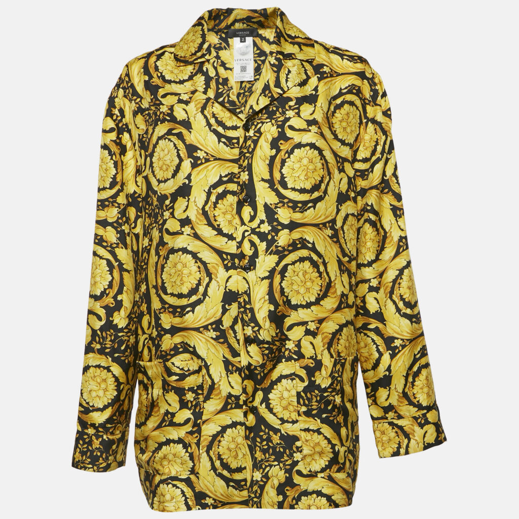 Versace Yellow Barocco Print Silk Pajama Shirt S