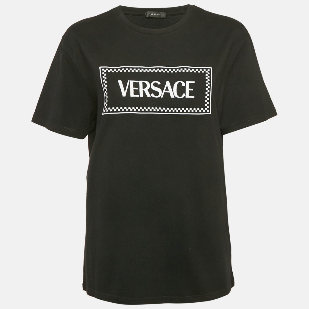 luxury-women-versace-used-clothes-p1168093-001 Versace Black Logo Embroidery Cotton Crew Neck T-Shirt M