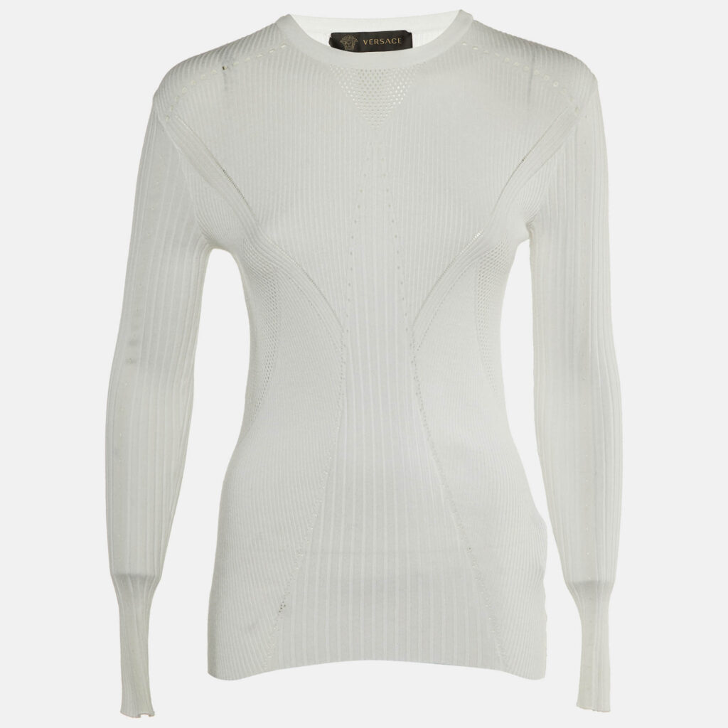 Versace White Rib Knit Crew Neck Jumper M