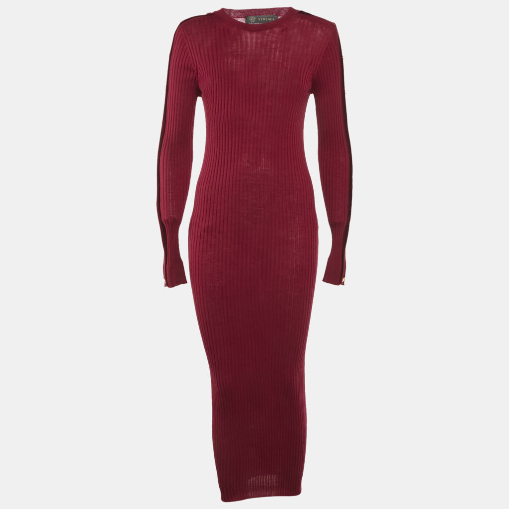luxury-women-versace-used-clothes-p1169843-006 Versace Burgundy Wool Knit Button Detail Maxi Dress M