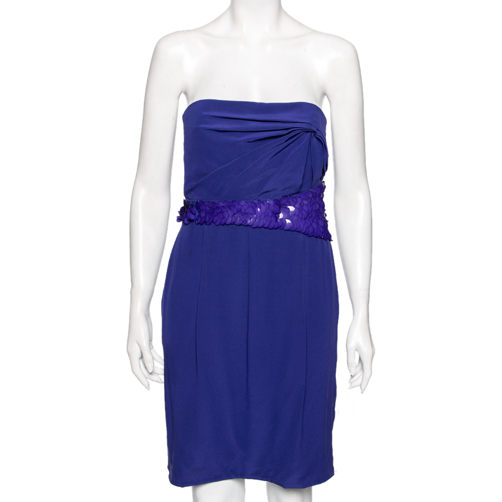 Versace Blue Crepe Embellished Detail Strapless Mini Dress M