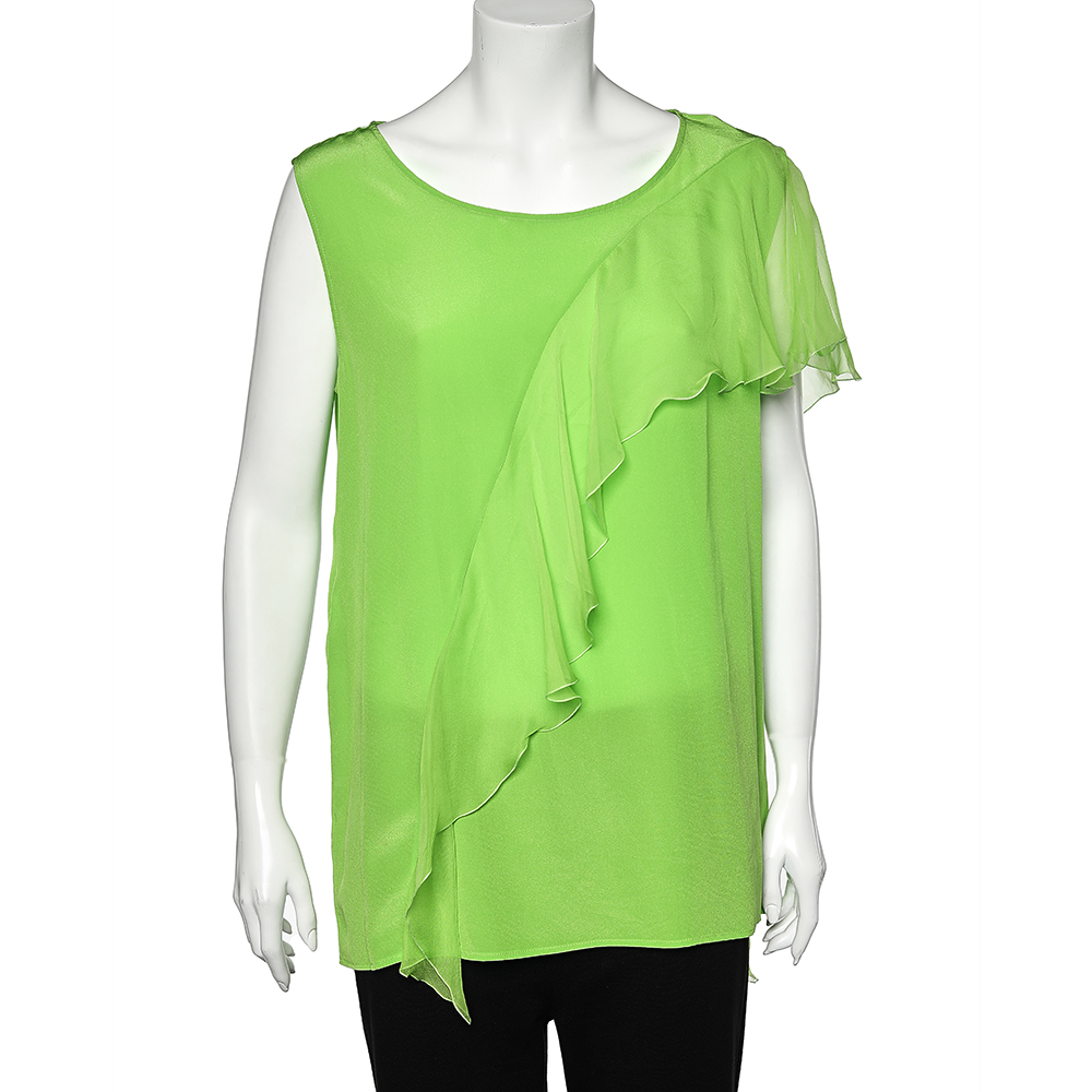 luxury-women-versace-used-clothes-p577223-005-1 Versace Neon Green Silk Ruffled Sleeveless Top L