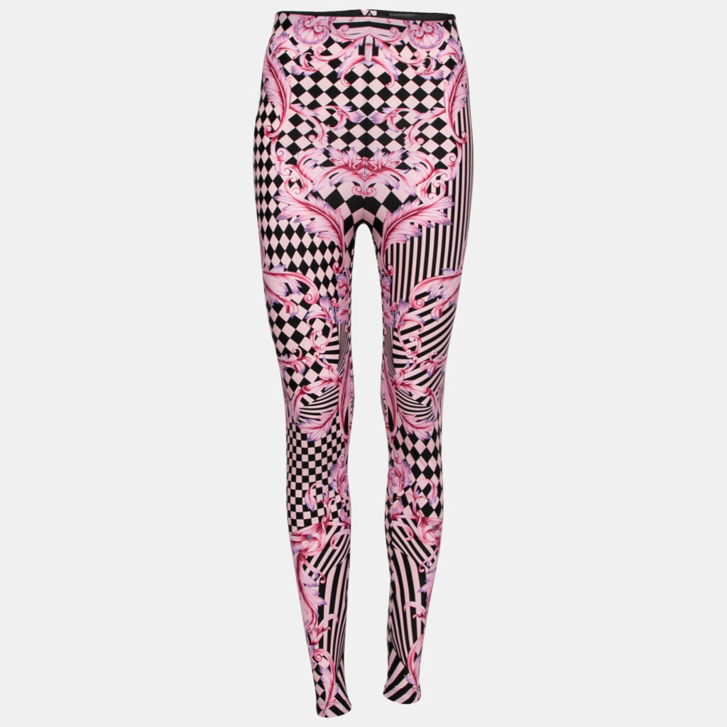 luxury-women-versace-used-clothes-p641315-001-2 Versace Pink Stretch Knit Striped & Baroque Print Leggings S