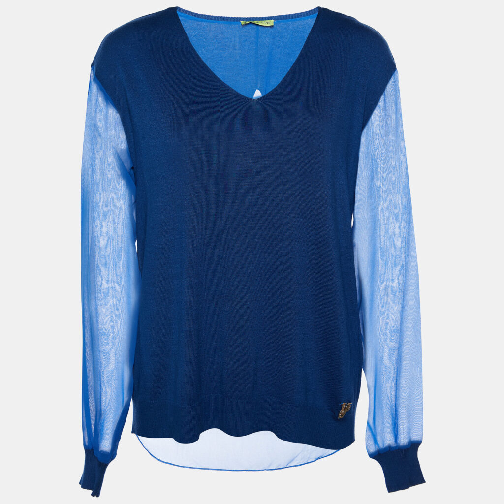 luxury-women-versace-used-clothes-p779922-002 Versace Blue Knit & Chiffon Paneled V-Neck Jumper XXS