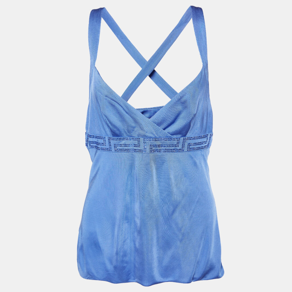 luxury-women-versace-used-clothes-p991858-001 Versace Blue Jersey Crystal Greca Embellished Tank Top M