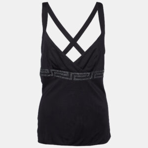 Versace Black Jersey Crystal Greca Embellished Tank Top M