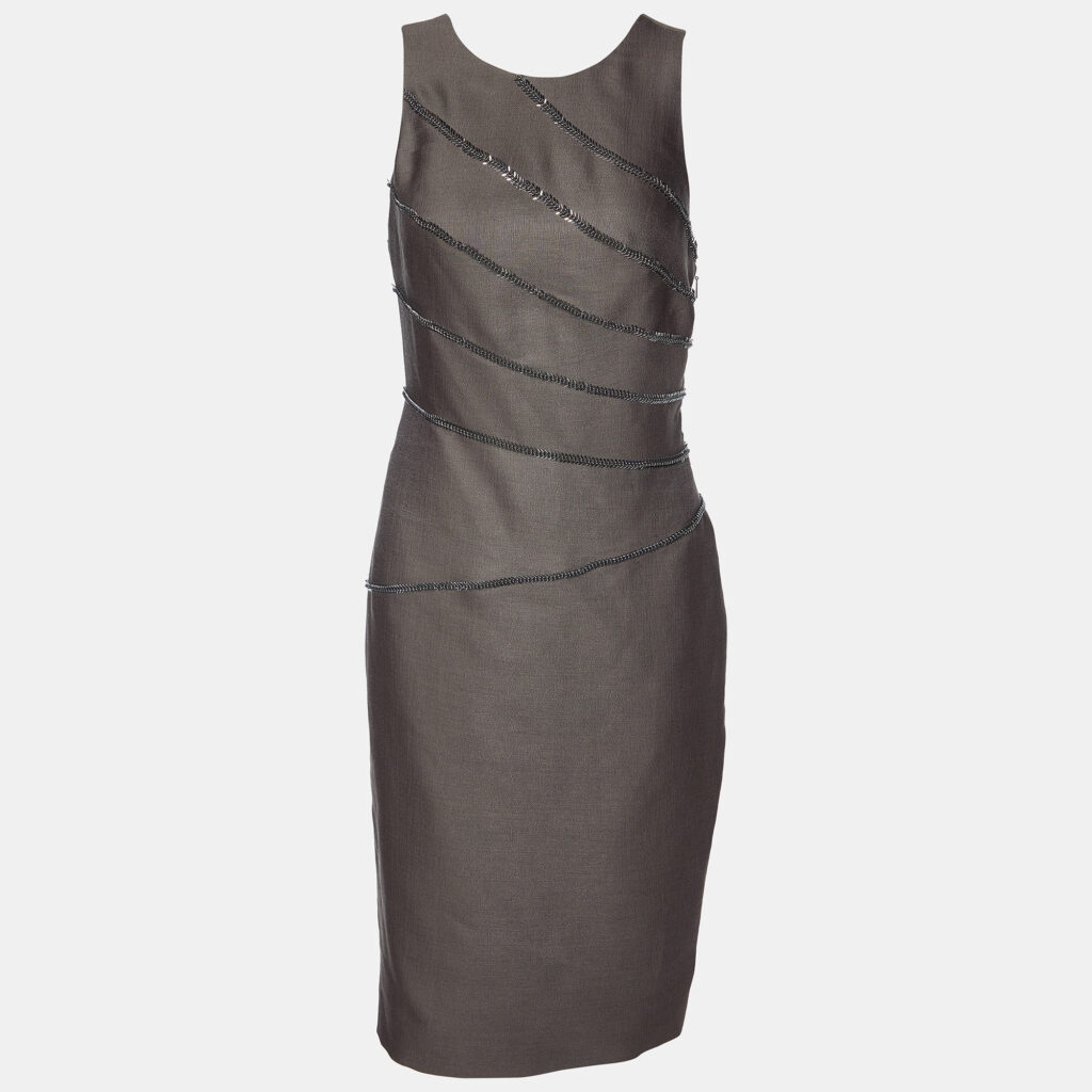 luxury-women-versace-used-clothes-p992832-002 Versace Deep Taupe Wool & Silk Fishbone Chain Detail Dress S