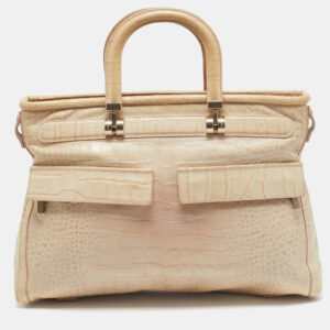 Versace Beige Croc Embossed Leather Front Pocket Shopper Tote
