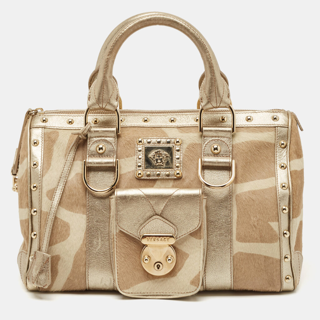 Versace Gold/Beige Calf Hair and Leather Snap Out Of It Satchel