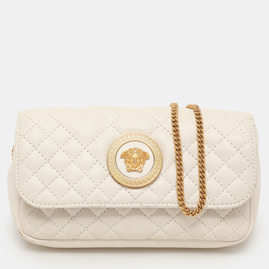 luxury-women-versace-used-handbags-p1131138-001 Versace White Quilted Leather La Medusa Chain Crossbody Bag